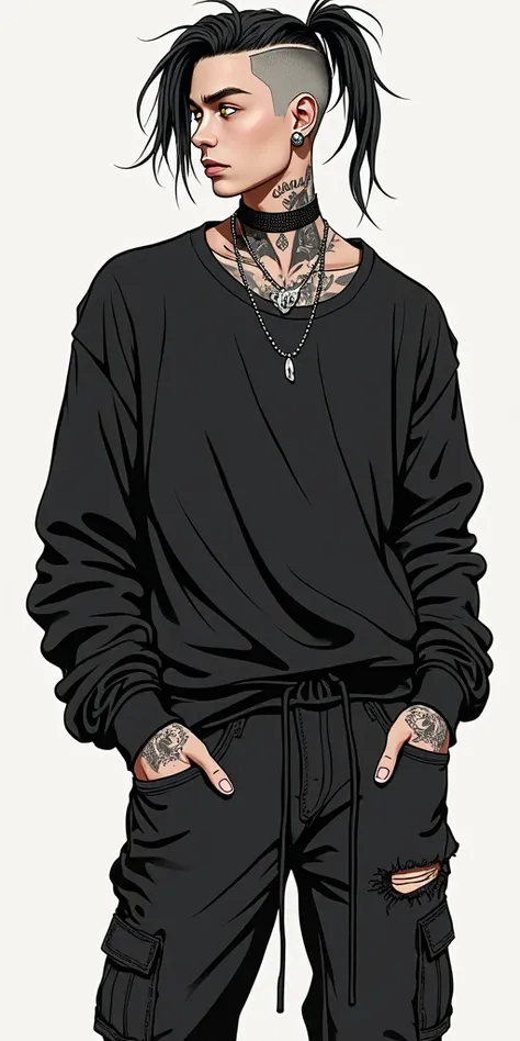 Man, full body, short black hair tied back in an undercut ponytail no bangs, shaved head, yellow eyes,  lower lip labret piercing, small ear lobe expander, e-boy clothing. cargo pants with, torn black sweater, black tattooed neck, boots, black tattooed arm...