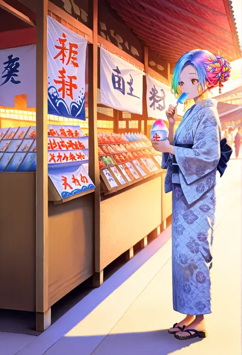    young  , color々 hairstyle,yukata,stall,Sandals,fair,holding food,Shaved Ice