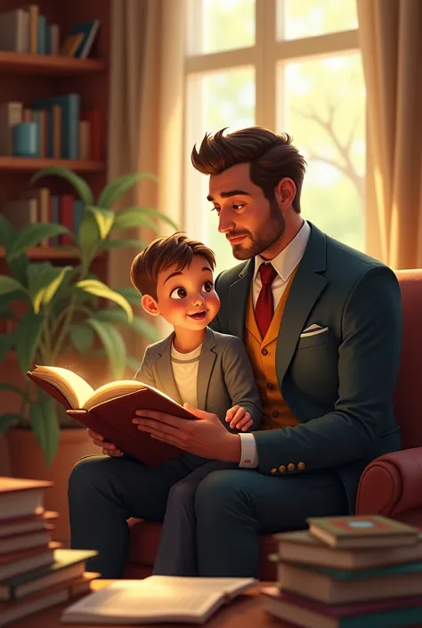 Stylish dad teaching his son to read