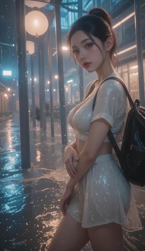 NSFW, TOP QUALITY , HD, 16k, unbelievably ridiculous , very well detailed, 2.5D, Delicate and Dynamic , beautiful woman, attractive smile , busty high school girl , uniform、 sailor suit、、 , backpack, , glitter effect, ((It's raining:1.3))、((My...