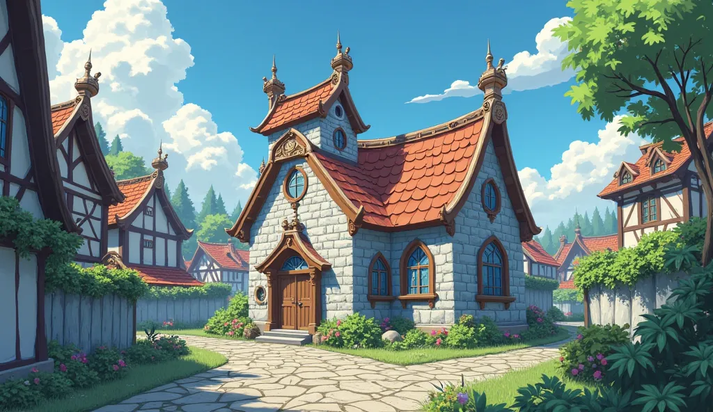 grey cobblestone church outside, cartoon anime style