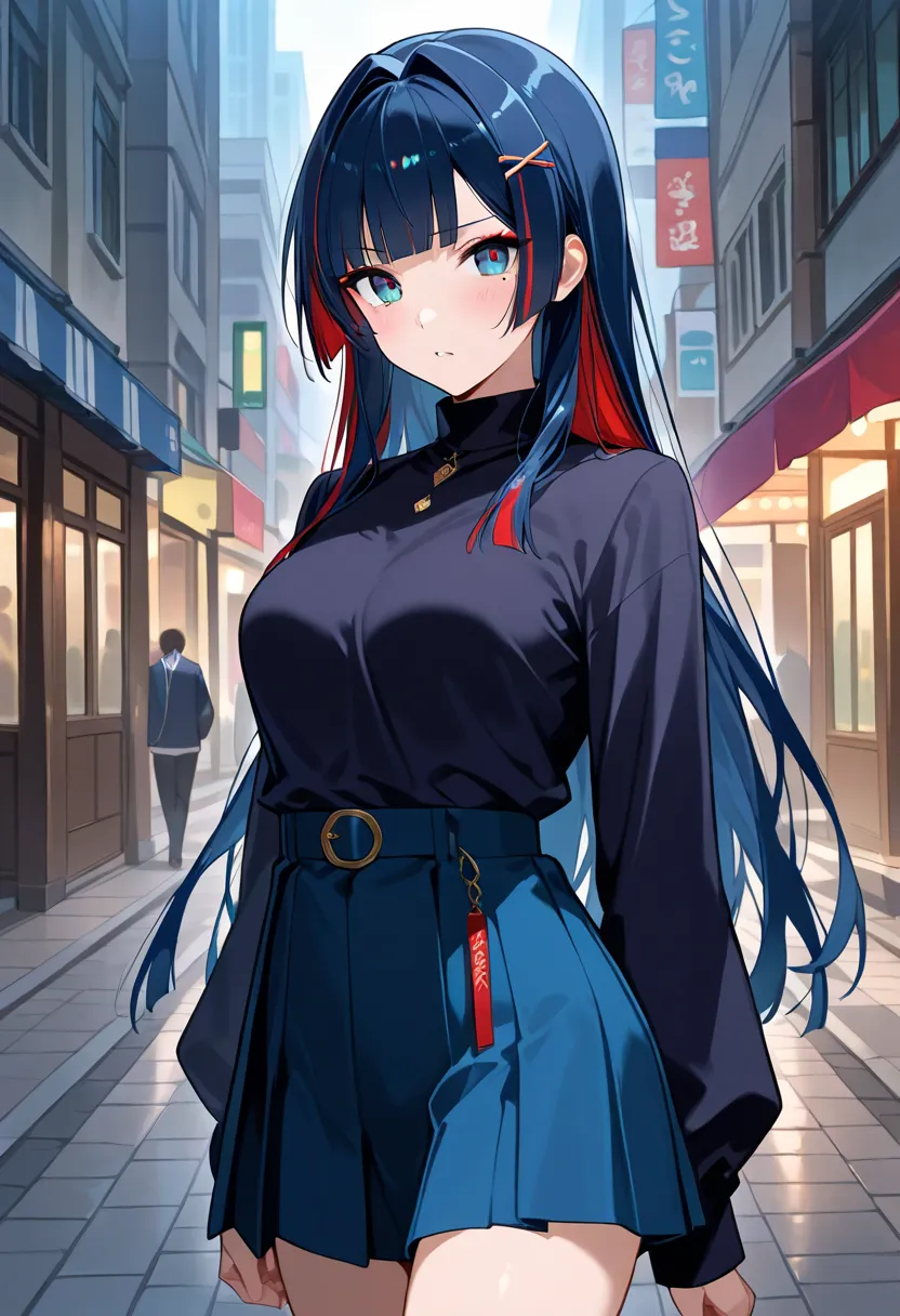  score_9,  score_8_up,  score_7_up,  score_6_up,  score_5_up,  score_4_up,  source_anime, tag1,  tag2, quality_masterpiece, anatomically accurate, (medium breasts), young woman, hair intakes, dark blue hair,  two-tone hair, Crimson Hair , hime_cut, side lo...