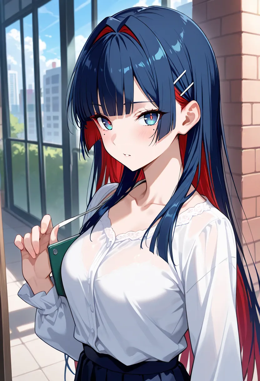  score_9,  score_8_up,  score_7_up,  score_6_up,  score_5_up,  score_4_up,  source_anime, tag1,  tag2, quality_masterpiece, anatomically accurate, (medium breasts), young woman, hair intakes, dark blue hair,  two-tone hair, Crimson Hair , hime_cut, side lo...