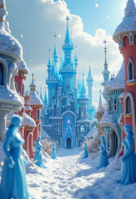 Surreal macro illustration of a miniature frozen kingdom, with a beautiful blue ice castle, buildings with Gaudí style architecture, falling snow, snow on the ground, sunny winter, blue ice statues in Victorian style clothes