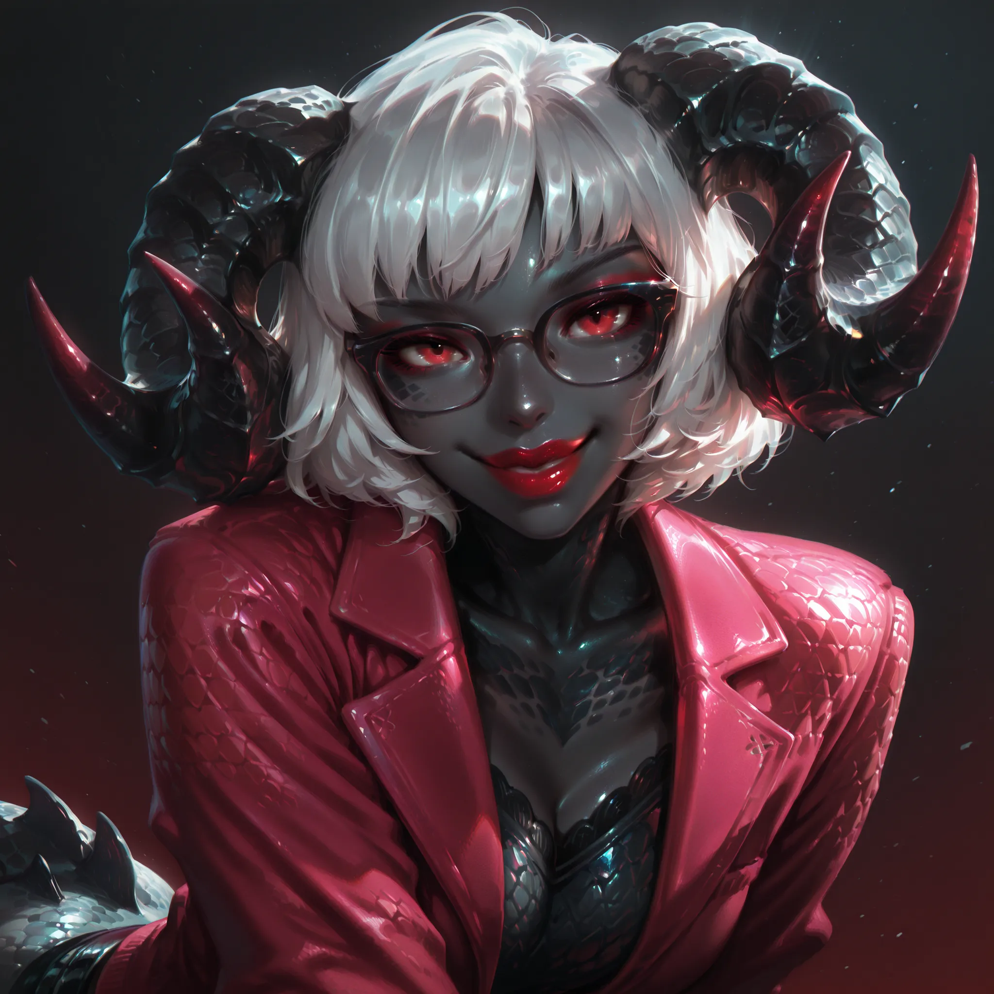 (masterpiece, best quality, dynamic lighting, smooth quality, 1girl, black skin, sheep horns, dark grey skin, lizard-scale skin, short hair, white hair, bangs, red eyes, puffy lips, red lipstick, glossy lips, seductive makeup, glasses, wearing tiny pink ja...