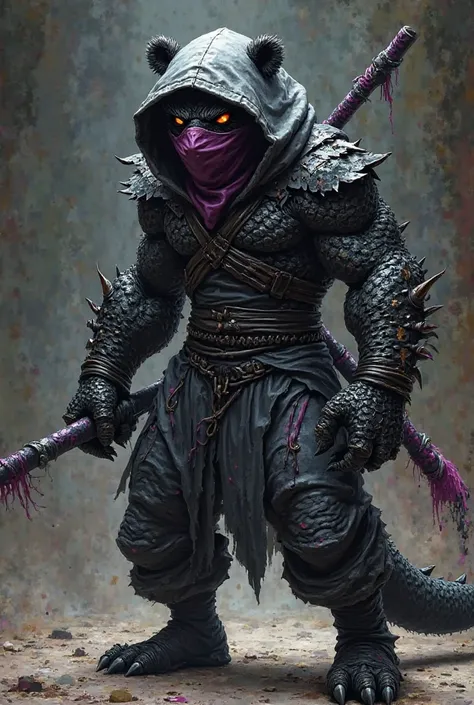 Comic: dragon-black bear hybrid with black/dark magenta ninja mask, gray hooded jumpsuit, black belt, black gloves and black boots. He wields naginata.