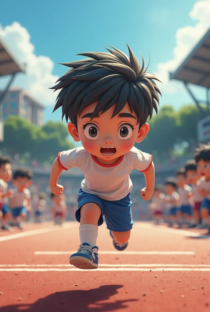  ren,  small , In an athletics competition at school ,  near the goal 