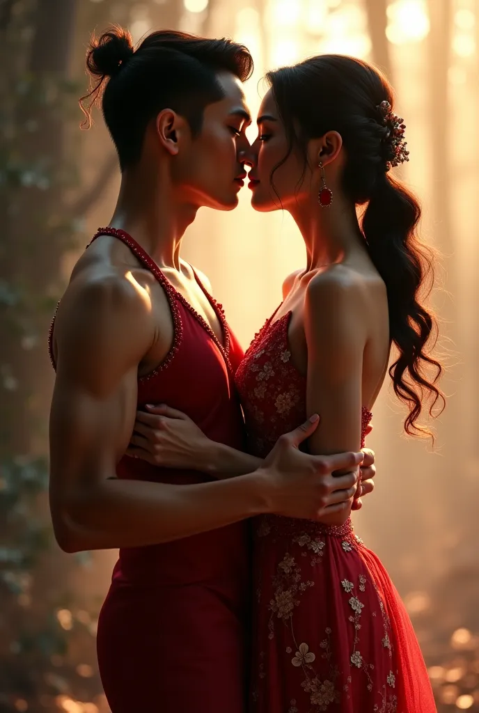 create image: 1 Couple of Chinese men and women dressed in sexy sexy dresses kissing