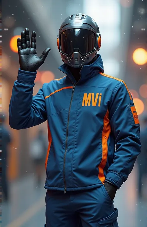 CREATE A 3D CHARACTER OF AN ENGINEER WITH BLUE UNIFORMS AND ORANGE DETAILS WITH MVI LOGO ON THE HELMET ON THE CHEST, WAVING WITH A THUMB 