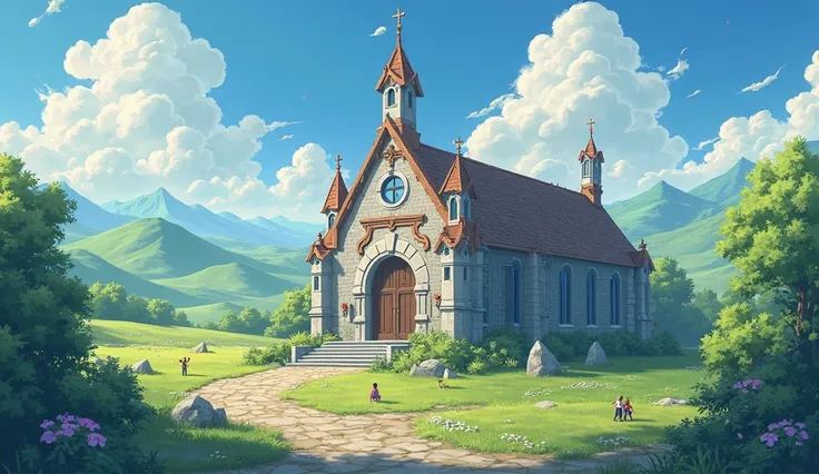 grey cobblestone church outside, anime style