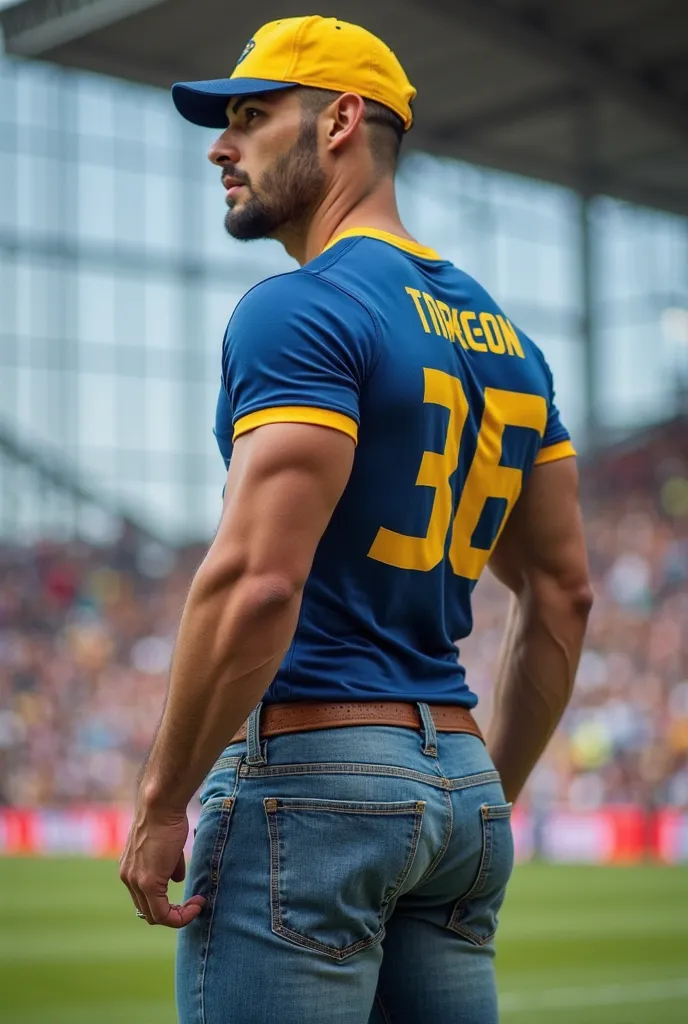   Realistic photograph  , of 35 years old (((Athletic man))) , , seen from below, nalgon  in the profile , blue with yellow words very tight beige shirt and jeans, brown belt,  in the profile , big ass, viendo a cámara,   black eyes, at the stadium, sexy m...