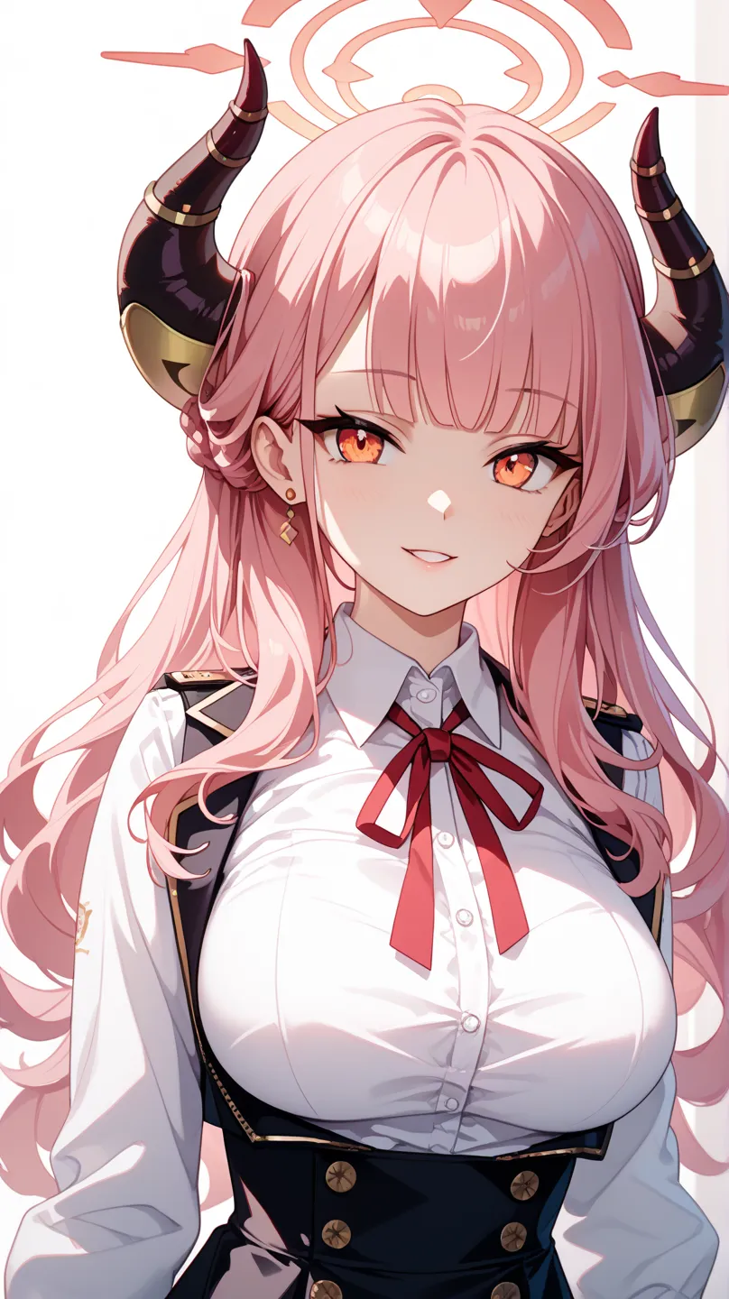 {{aru (blue archive)}}, orange eyes, long pink hair, brown demon horns, pink halo, large breasts, collared shirt, white shirt, red neck ribbon, long sleeves, high-waist skirt, black skirt, shirt tucked in, white gloves, simple background, white background,...