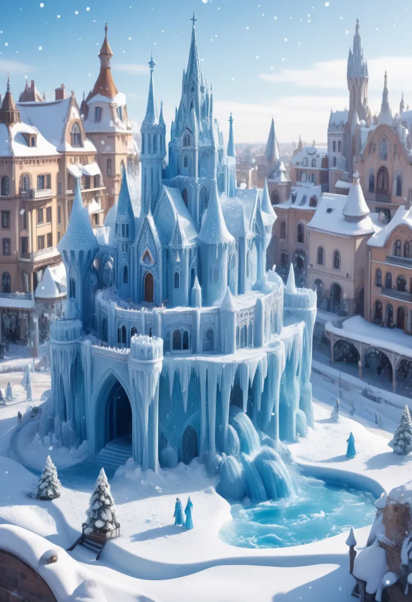 Surreal macro illustration of a miniature frozen kingdom, with a beautiful blue ice castle, buildings with Gaudí style architecture, falling snow, snow on the ground, sunny winter, blue ice statues in Victorian style clothes