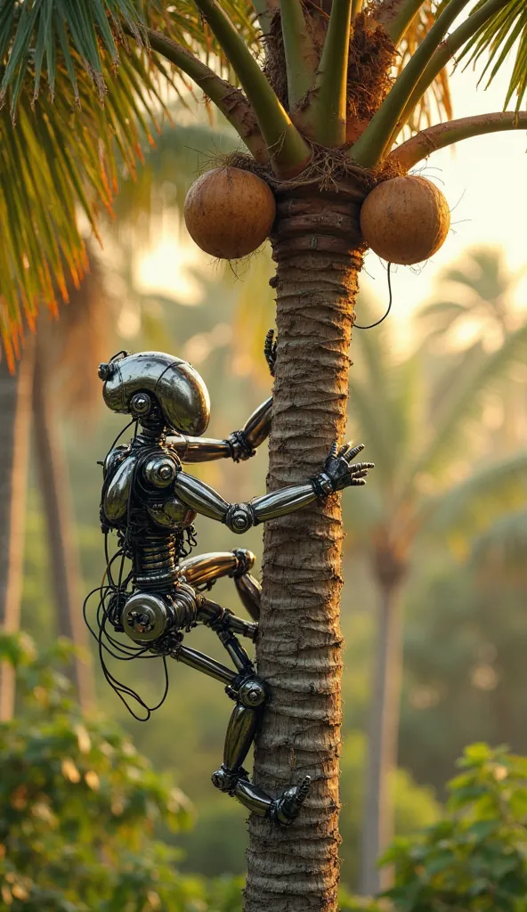 A futuristic nano-robot, intricately designed with metallic limbs and micro-sensors, climbs a tall coconut tree with precision. Its tiny mechanical arms carefully assess and harvest ripe coconuts, ensuring efficiency without harming the tree. The scene is ...