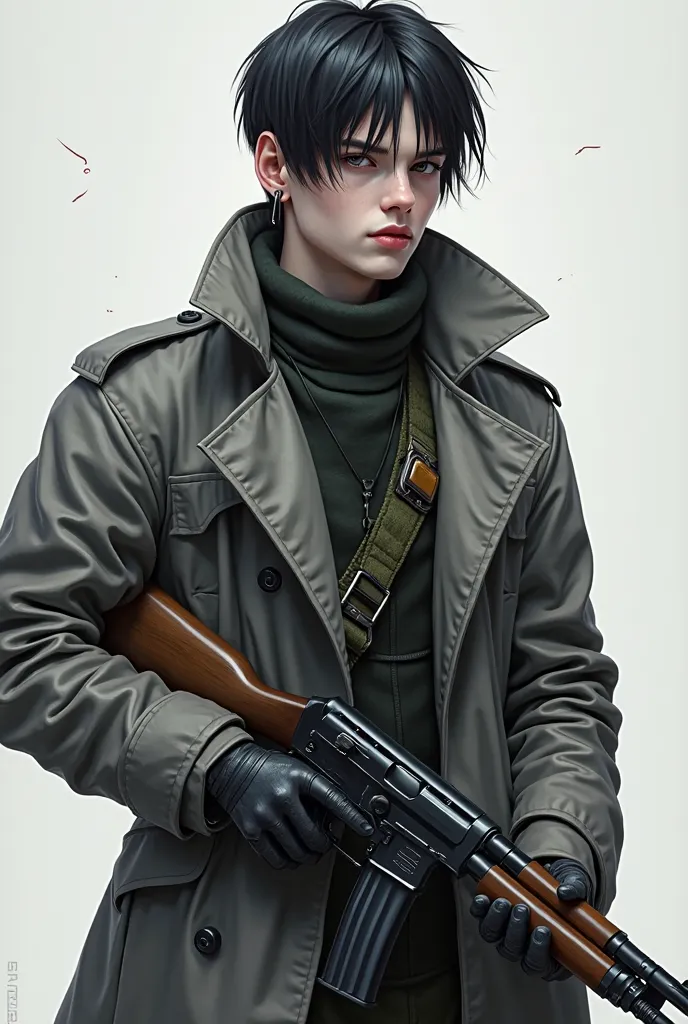    realistic style, Create a young and rude character Dhampir , Military style short black haircut, white skin, character with an athletic and slightly muscular figure , eyes, color ambat,trench coat with tactical clothing, tactical gloves, a tactical adip...