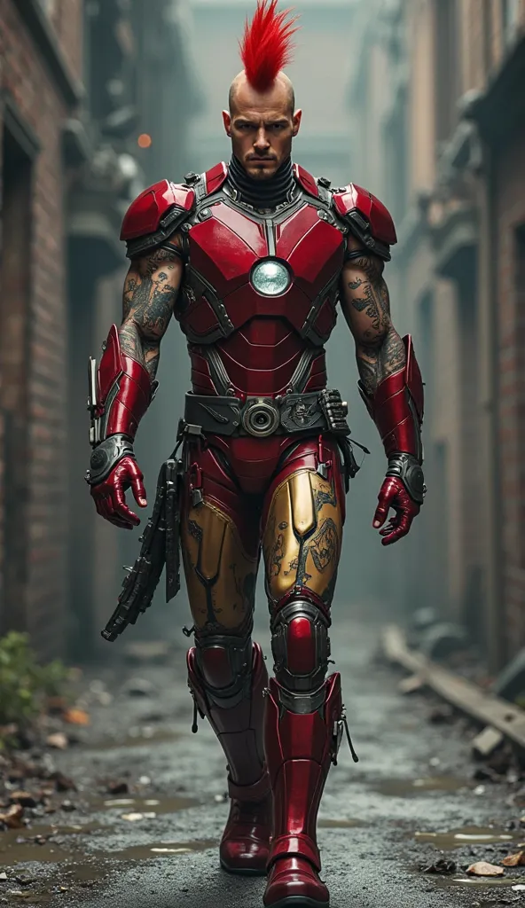 MARVEL Iron Man with his costume in a PUNK version with unmasked leather pieces and with red mohawk and tattoos walking towards the camera in a dark setting.