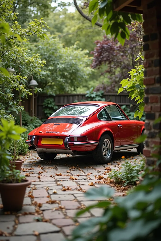 Car workshop in backyard behind beautifull backyard garden