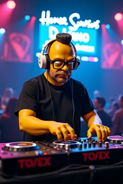 Create realistic image,  as a DJ and white headphones, turntable , dark glasses and a screen that says Homer Simpson's DJ KANO 