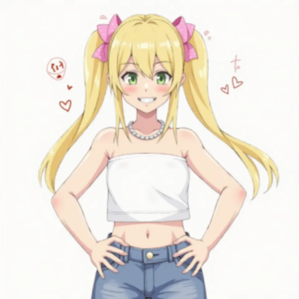 1 girl,heart-shaped pupils, hand on hips, blond hair, blonde hair, (((golden blond hair))), ((green eyes)), green colored eyes, long hair, ((((long twintails)))), trembling, Sweat, Sweatdrop, heart, (speed line:1.1), ((Flat milk)), ((heavy breathing:1.3)),...