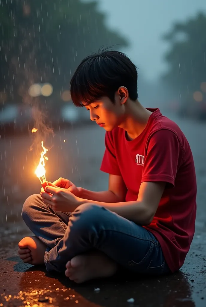 4TH PROMPT :- 3D Realistic Picture, Where a 20 Years old Korean Boy sitting on Dubai Road with girl friend breakup and he is firing the Rose Flower with Matches, he is crying! Feeling so sad, boy wearing a Red T-shirt and jeans with name “ATTA”write on it,...