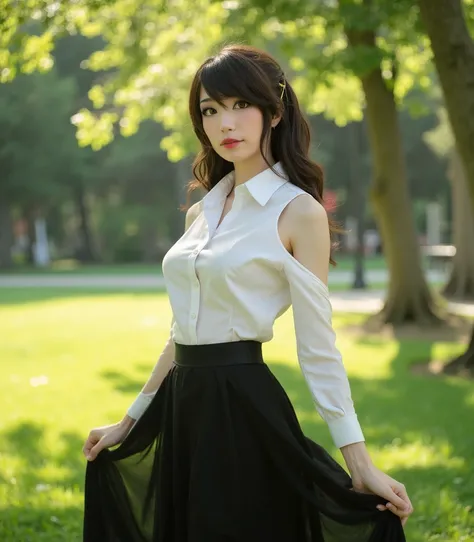 Em1ru wearing white blouse and black skirt posing for the picture at the park in the shade, sunny, casting shadows, vivid, intricate details  