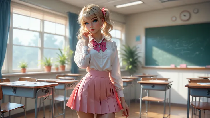 1girl, solo, single girl, young girl, Standing in a classroom, Cute blonde girl wearing revealing pink high-school uniform in classroom, sexy, petite, blue eyes, popular girl, standing in front of the chalkboard, 