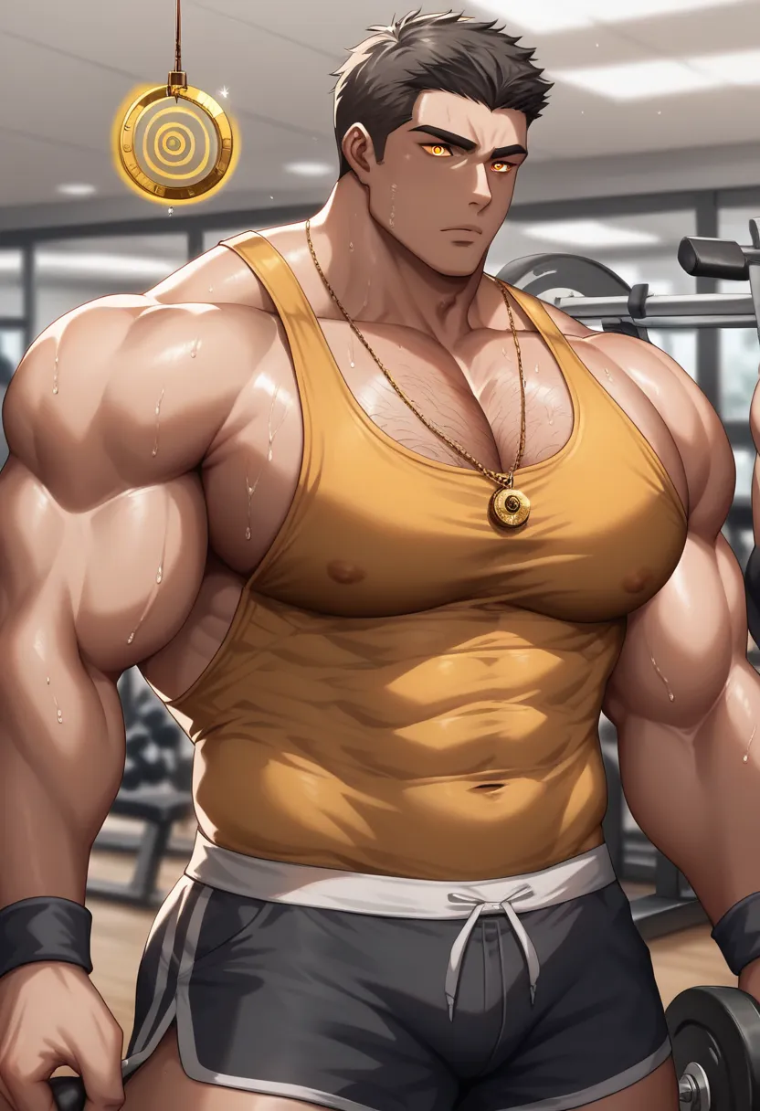 Isami Ao alone in the gym, staring at golden pendulum, stringer tanktop, gym shorts, muscular, muscles, big biceps, broad shoulders, massive pecs, sweaty, hairy chest, glowing golden spiral in the eyes, blank expression, vacant stare, hypnotized, brainwash...