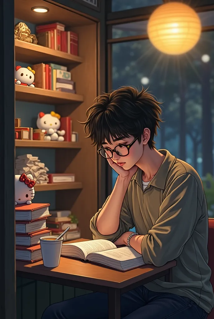 Hello Kitty plush, Small snack bar, studying, paper cup with coffee, alone, several small books, brown glasses with beige details, night, reading, better quality, 