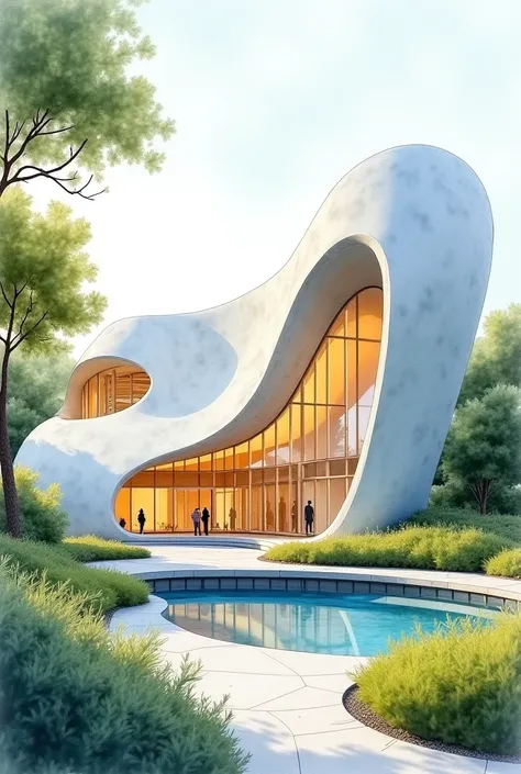 A watercolor image of a museum inspired by post-modern architecture, that is curvy and easy 