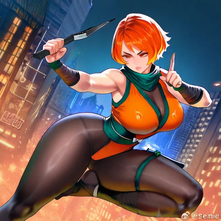 Anime HD, Taimaninアサギ, Igawa Sakura, A Female Ninja in Tights, ninja girl, handheld dagger, orange yoga clothes,Full Body Wrapped Black Stockings, Sexy, Orange short hair,Dissemination, 都市night背景, Fighting Stance, Sexy, Crescent , night, modern city buildi...