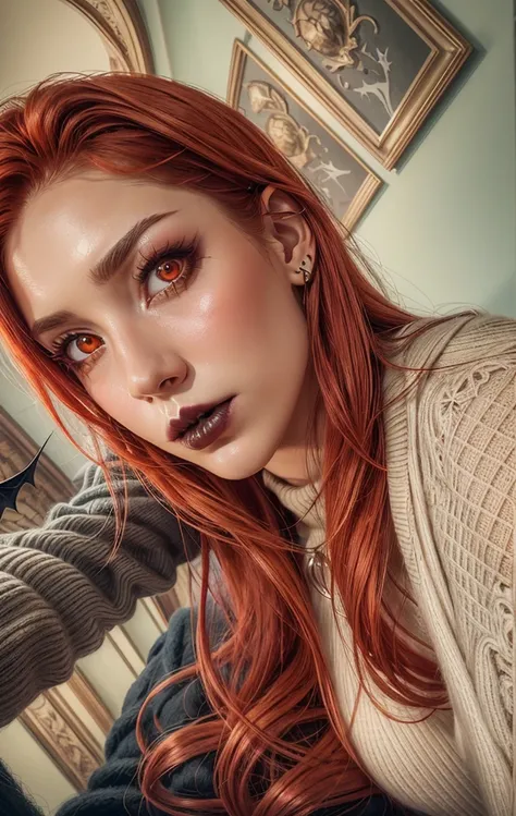 there is a woman with red hair and a sweater on taking a selfie, without makeup, she has long redorange hair, taken in the early 2020s, she has long orange brown hair, she has red hair, selfie of a young woman, with long hair and piercing eyes, redhead wom...