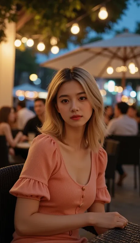 "A beautiful young woman with slightly blonde hair, sitting at a stylish outdoor restaurant at night. She wears a fitted, textured dress with puffed sleeves, a modest neckline, and a warm color tone (such as peach or coral). She has a charming smile, light...