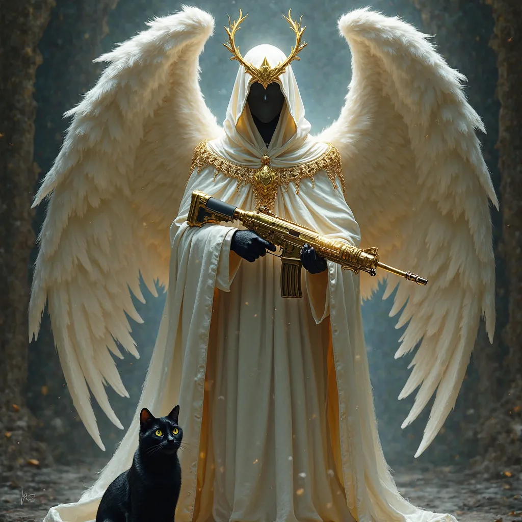  A man, faceless, tenues d’azrael blanche, capuché, golden crown, gold chain, with wing, golden assault rifle, With a black cat next door.