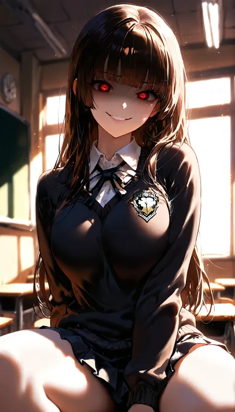 masterpiece, best quality, very aesthetic, absurdres, safe, (masterpiece), best quality, expressive eyes, perfect face, girl in love, dark brown iris, yandere, smirk, crazy eyes, eyes wide open, blunt bangs, black long hair, straight hair, solo, school, mi...