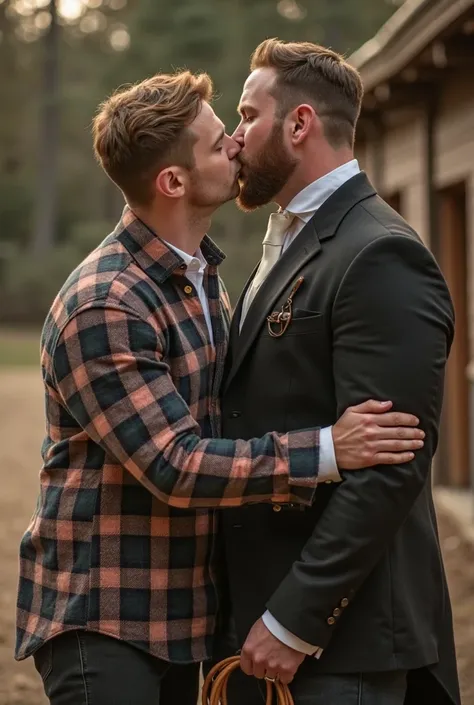 Handsome tall and strong white rider with short brown hair and short beard riding a white tie kissing secretly at the stables of a private club with a handsome, tall and strong white man with short blond hair and short beard dressed in a flannel shirt