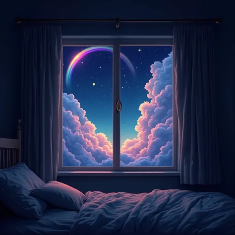 bedroom very very dark out the window a night with dreamy sky with multicolored clouds and bright rainbows