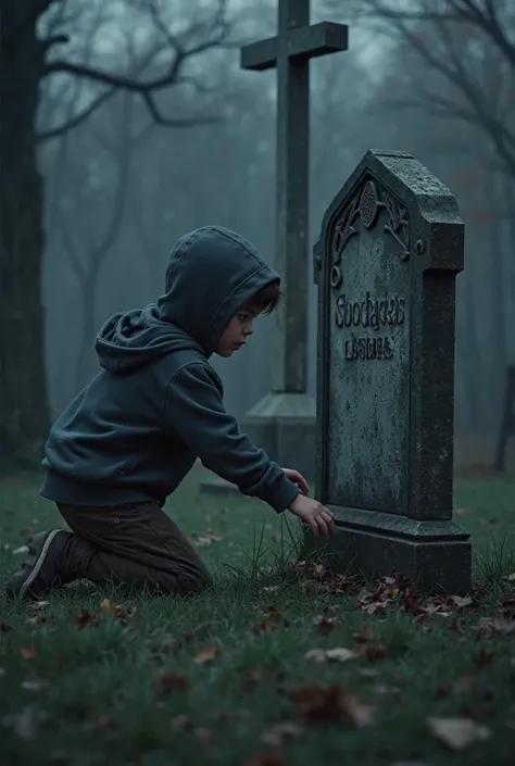 The boy with a hoddie, trips and falls, landing in front of a tombstone.

The name on the grave is his own.

His heartbeat is audible., make it animated