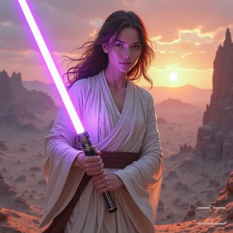 white skin woman Jedi knight with purple lightsaber, brown hair 