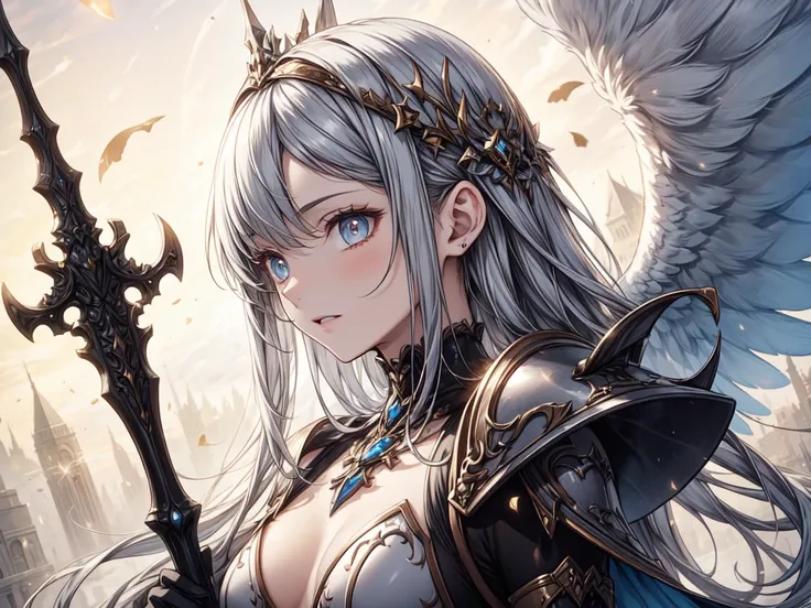  1 girl in,  solo,  Official Art ,  unity 8k wallpaper , super detailed, beautify、Aesthetic ,  masterpiece, top quality, Realism, A female angel、 A White Wings 、 silver armor、 Helmets with Feathers Decorated 、 Spear of Steel  、 Glowing Angel Circles 、Light...