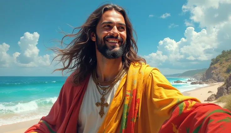 (photorealism:1.2), jesus smile And wearing Rasta cloak And cross necklaces in a colorful beach And blue sky vibrant and artwork.