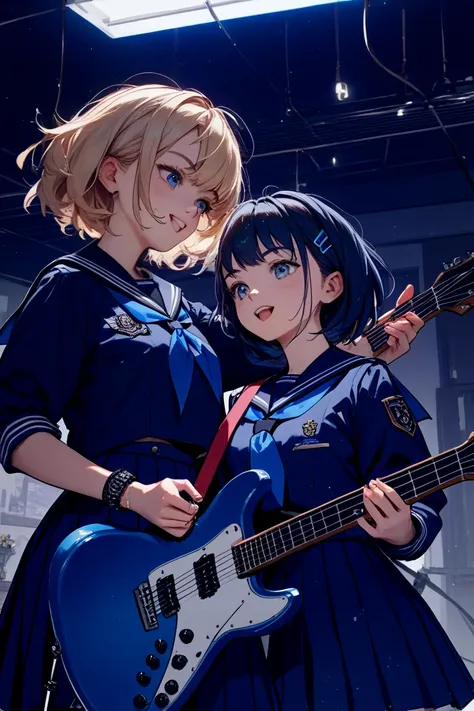 2 people、 girls on the left、Navy Blue、sailor suit、 Electric Guitars