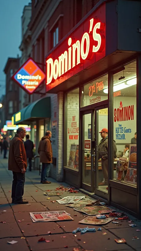 urban scene In the 1960s in front of an almost forgotten Domino's Pizzaria. The neon sign of the pizzeria blinks with some letters erased, conveying a sense of neglect.  on the ground, promotional posters Domino's are crumpled and thrown away, ignored by t...