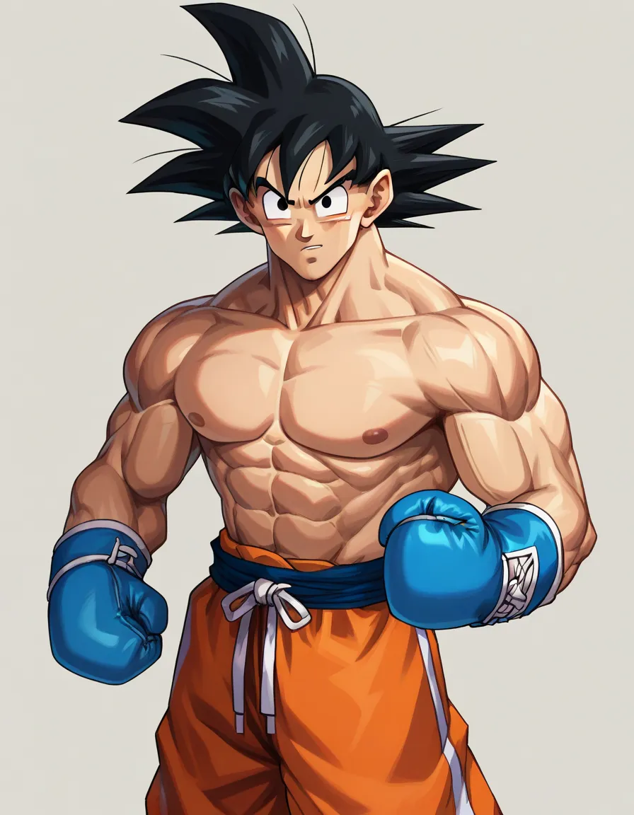 score_9, score_8_up, score_7_up,
gokuxl, solo,1boy,  black eyes, looking at viewer,
 muscular, shirtless, orange boxing shorts, blue boxing gloves 
