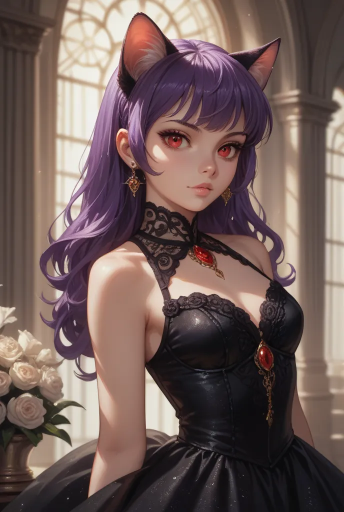 Young Cat Ears Black Dress Red Eyes Purple Hair