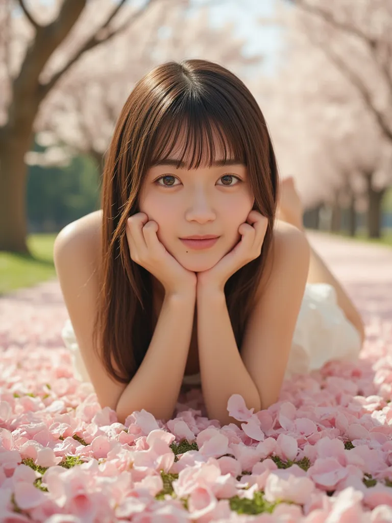 Photorealistic, 8k, soft diffused spring daylight, 1girl, Japanese, light-brown hair, bare body, small breast, bare chest, relaxed eyes to camera, wide full-body shot, lying flat on stomach among fallen sakura petals, afternoon, soft sunlight filtering thr...