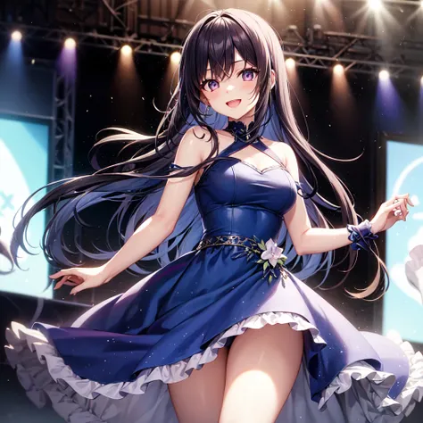 A scene of a long, dark blue-haired high school girl with purple eyes and a blue dress, singing and dancing like an idol on stage, with a radiant smile on her face.