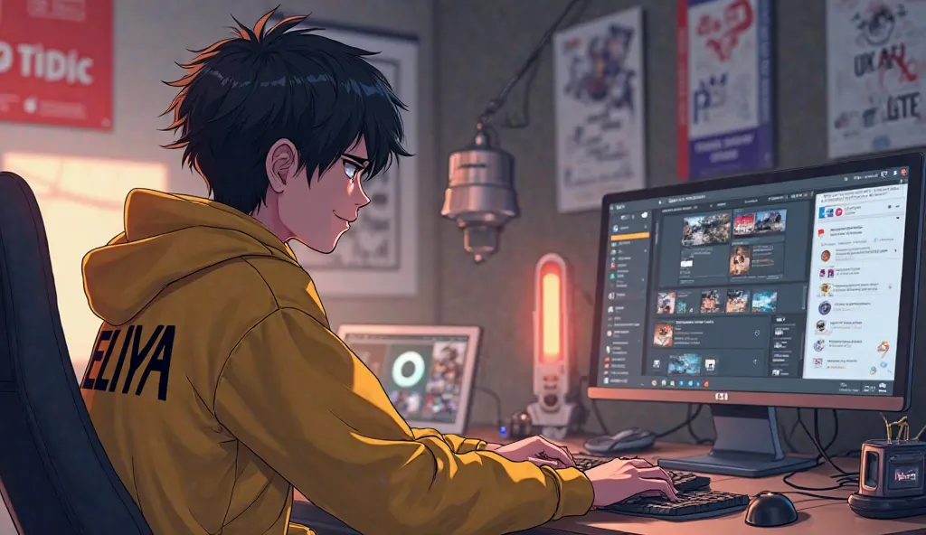 creating for character:- "Create a anime boy who have a  mature looking like a man facing in front  he is a  YouTube content creator, sitting in his studio with futuristic gadgets, and there is mic near him ,wearing yellow hoodie name ELIYA, smiling, and t...