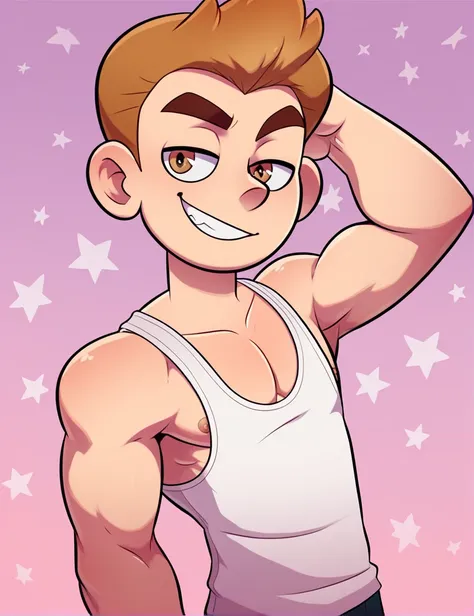 score_7, score_8, toon, (cartoon), 1man, ((solo)), a brown-haired good 'ol man, gelled up styled brown hair, brown eyes, tall, skinny body type, smug, handsome, cute, white tanktop, bicep arm flex, swole pec, open chest close-up, bottom view, front torso f...