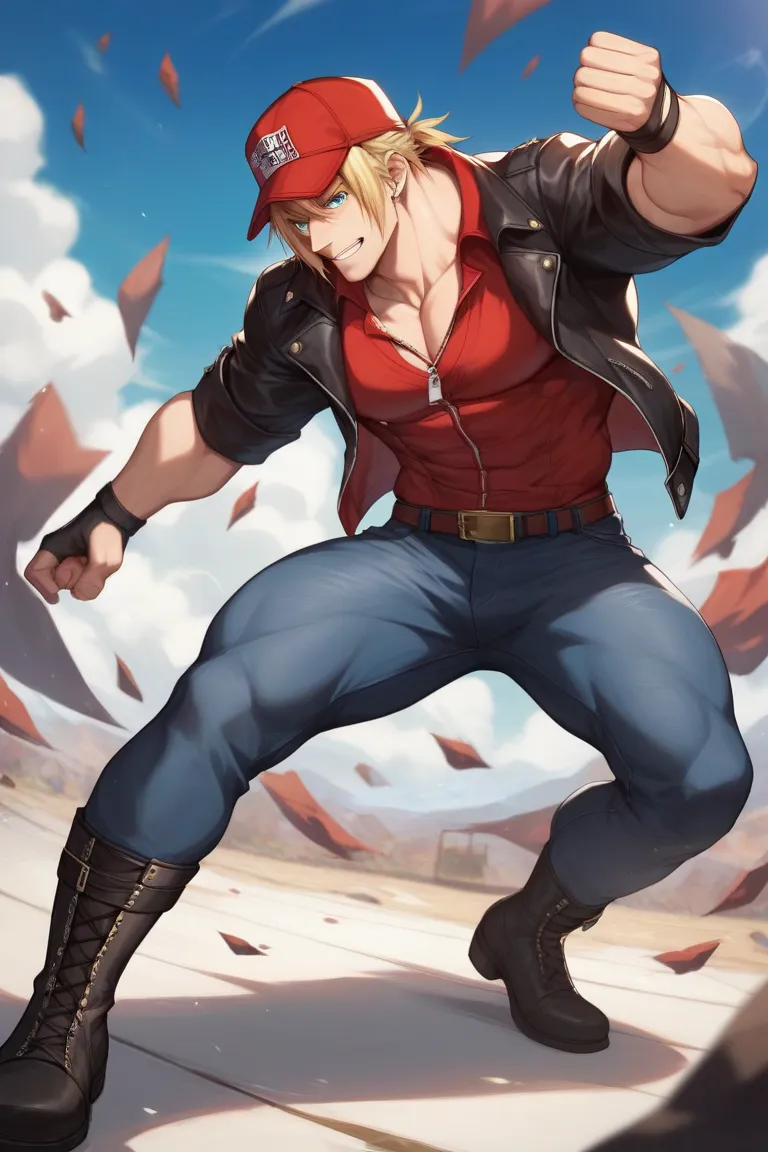 (masterpiece,Highest quality), (1Man\Terry Bogard\(Garou Legend, Fatal furry), black baseball cap, black leather jacket 2 red stripes on sleeves, A red shirt that shows off his muscles, black boots, black jeans, His blonde hair is tied back with an elastic...