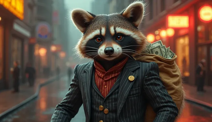 Raccoon in a jazz suit, With a bag of money on his back